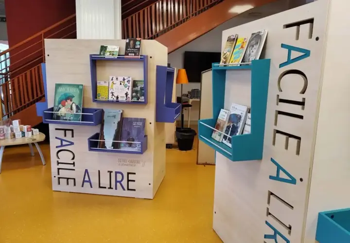 Étagères de livres bleues et turquoises sur des présentoirs en bois avec l'inscription "FACILE À LIRE". Un barrage défensif de livres pour tous.