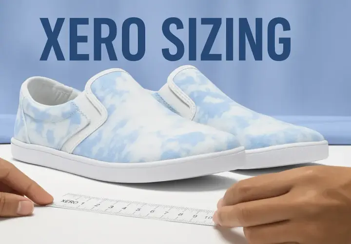 A Xero shoes size guide is shown with a ruler measuring a pair of blue and white tie-dye slip-on sneakers.