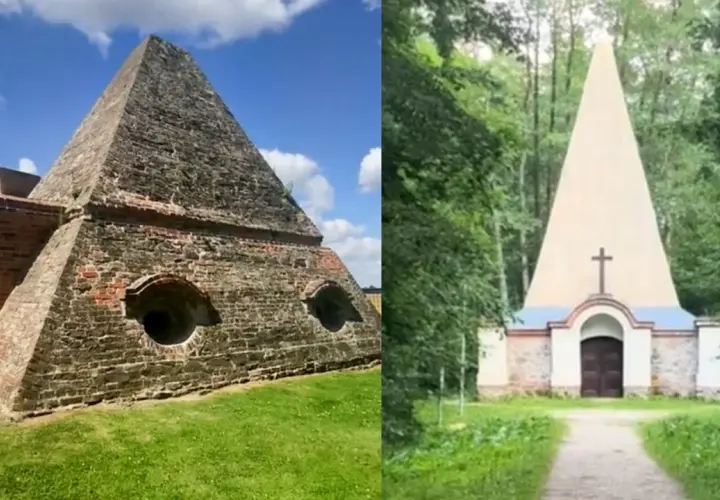 Dwie niezwykłe piramidy w Polsce: jedna kamienna z okrągłymi otworami, druga w lesie z krzyżem.