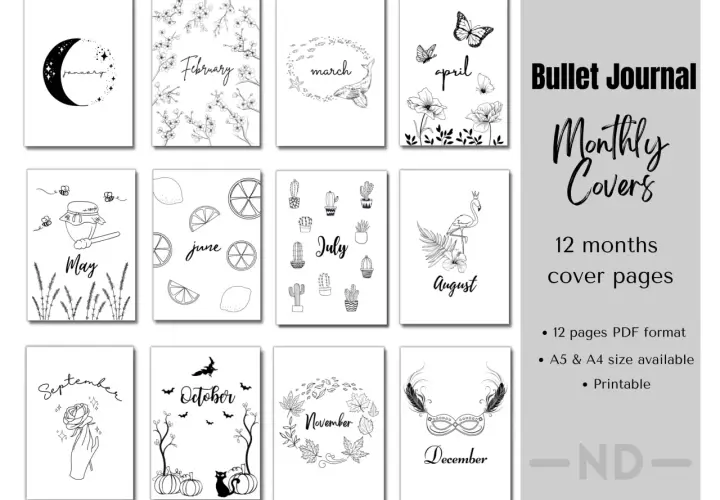 Diseños de bullet journal portada para cada mes, desde enero con luna hasta diciembre con antifaz.