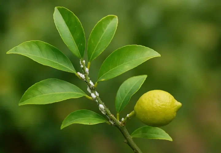 Ramo di limone con cocciniglia cotonosa. L'olio di neem è un rimedio naturale per combattere questi parassiti.