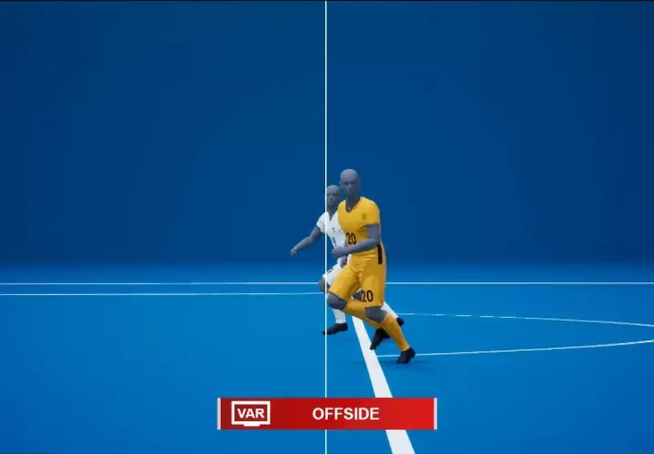 Piłkarze w żółtych i białych strojach na niebieskim boisku. System VAR wskazuje na pozycję spalonego.