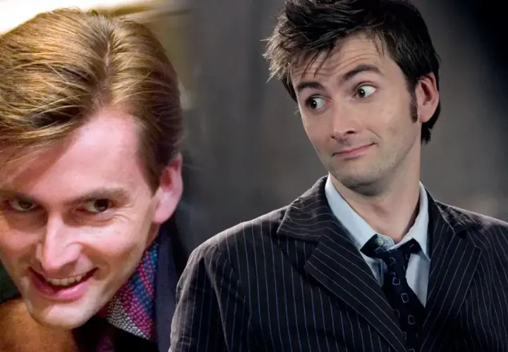 David Tennant, l'acteur du Docteur Who, dans deux expressions distinctes : une malicieuse et une autre plus contemplative, tenant son tournevis sonique.