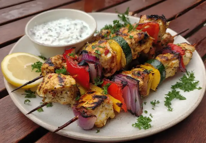 Saftiga kycklingspett grillade med paprika, lök och zucchini. Serveras med en fräsch yoghurtsås och citronklyfta.