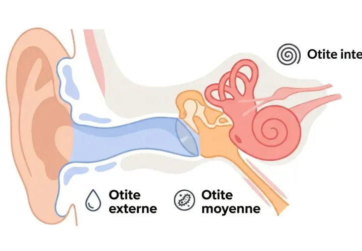 Schéma de l'oreille montrant l'otite externe, moyenne et interne. Une otite chez l'adulte peut affecter différentes parties de l'oreille.