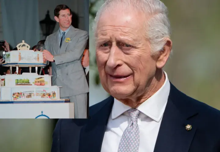 Król Karol, gdy miał 49 lat, kroi tort. Obok jego obecne zdjęcie.