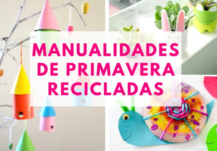 Manualidades de primavera recicladas para decorar el aula: casitas de pájaros, caracoles y adornos con botellas.