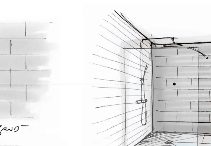 Schizzi di schemi posa piastrelle rettangolari per un bagno con doccia.