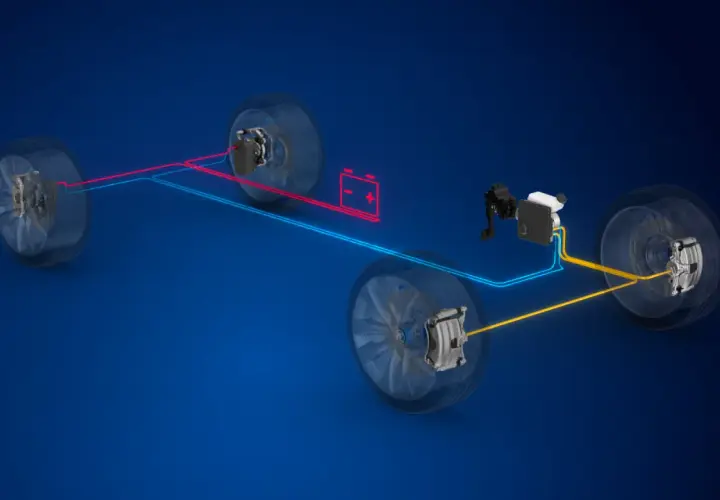 Schema einer elektromechanischen Bremse mit vier Rädern, Batterie und Steuergerät.
