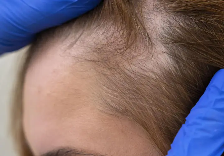 Manos enguantadas revisan la línea del cabello, mostrando una zona con menos densidad. Se investigan soluciones como el colágeno para el pelo.