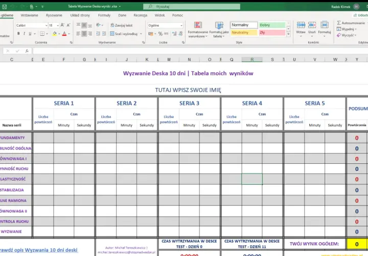 Tabela Excel do śledzenia postępów w wyzwaniu "Deska 10 dni". Zawiera kolumny na serie, powtórzenia i czas, pomagając w monitorowaniu treningu.