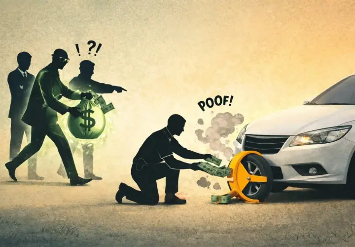 Uomo in ginocchio mette soldi in una ganascia per ruota, mentre altri uomini con un sacco di soldi indicano. Come proteggere l'auto dal pignoramento.