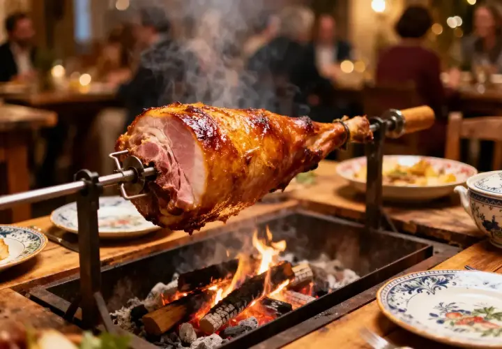Un jambon de 10 kg rôti à la broche sur des braises ardentes, dégageant une vapeur alléchante. Le temps de cuisson parfait pour ce festin.