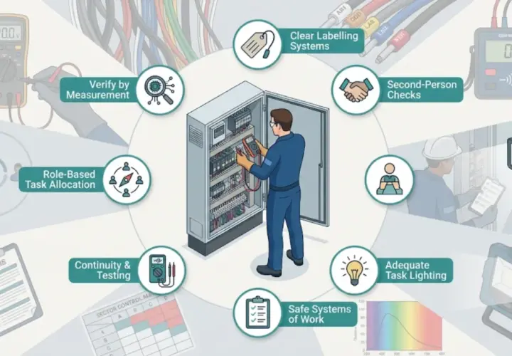 Ilustracja przedstawia elektryka pracującego przy panelu sterowania, z ikonami symbolizującymi bezpieczne procedury, takie jak weryfikacja pomiarami, jasne oznakowanie, kontrola dwuosobowa i odpowiednie oświetlenie. Różne **kolory faz** kabli są widocz...