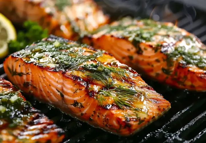 Saftiga bitar av lax som grillas med örter och citron. Doften av grillad lax sprider sig i köket.