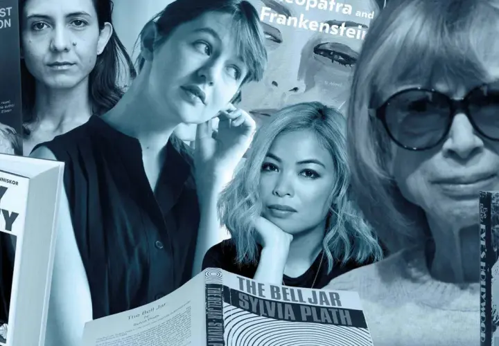 Kvinnor och böcker, bland annat "The Bell Jar" av Sylvia Plath och verk av Sally Rooney. Kanske en hyllning till Sandra Beijer och hennes litterära värld.