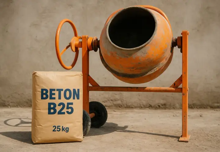 Pomarańczowa betoniarka i worek z napisem "BETON B25 25 kg". Różne rodzaje betonu czekają na przygotowanie.