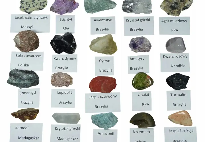 Kolekcja minerałów: jaspis dalmatyńczyk, stichtyt, awenturyn, kryształ górski, agat muszlowy, buła z kwarcem, kwarc dymny, cytryn, ametyst, kwarc różowy, szmaragd, lepidolit, jaspis czerwony, unakit, turmalin, karneol, kryształ górski, krzemień, jaspis...