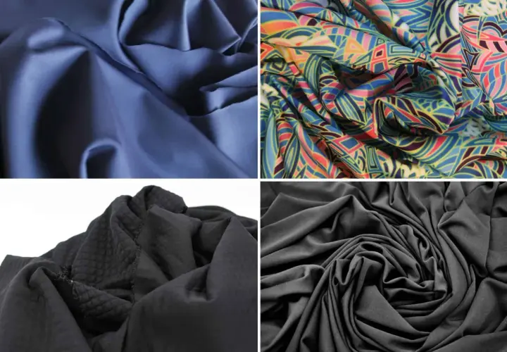 Four fabric swatches: navy blue, colorful geometric print, textured black, and smooth black. Discover the best fabric for workout clothes.
