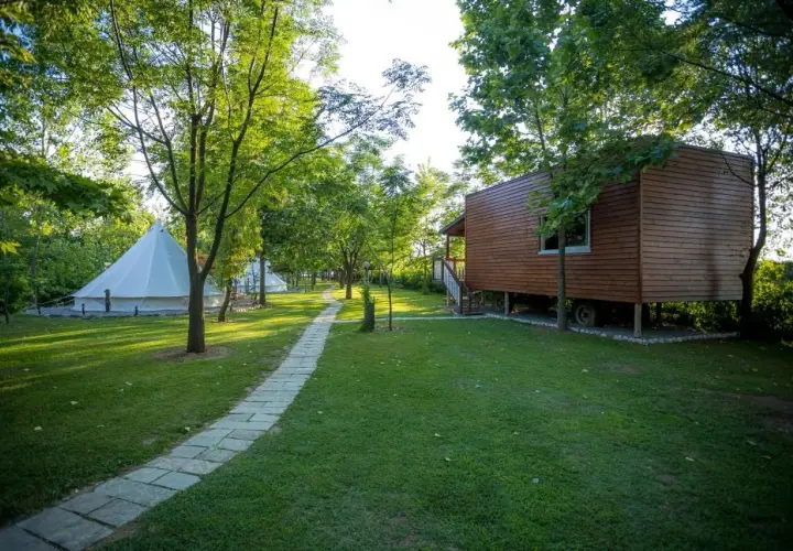 Glamping w Albanii, blisko morza jońskiego. Białe namioty i drewniany domek na wzgórzu, otoczone zielenią.
