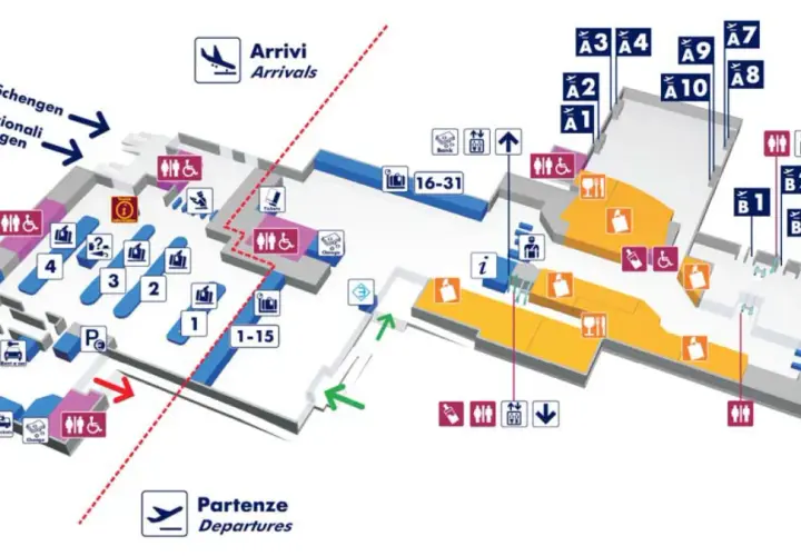 Plan de l'aéroport de Rome : Arrivées, départs, portes A et B, services et accès pour personnes à mobilité réduite.