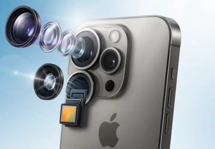 Rozłożony aparat iPhone 14 z soczewkami i sensorem na tle nieba.