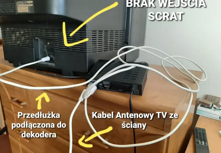 Jak podłączyć kabel antenowy do anteny: kabel antenowy TV ze ściany podłączony do dekodera, a przedłużka do telewizora. Brak wejścia SCART.