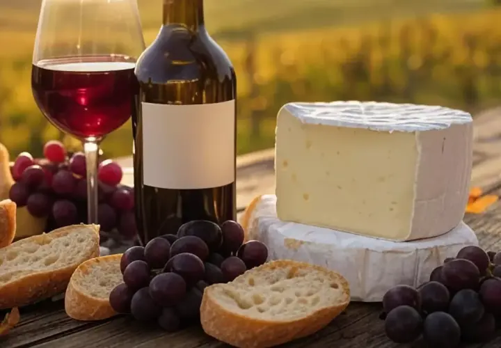 Un verre de vin rouge, une bouteille, du pain, des raisins et du fromage. La question est : que boire avec du fromage pour un moment parfait ?