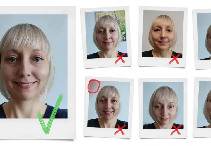 Kolekcja zdjęć: jedno z zielonym zaznaczeniem, pozostałe z czerwonymi krzyżykami. To autoportret fotografia, gdzie kobieta próbuje zrobić idealne zdjęcie.