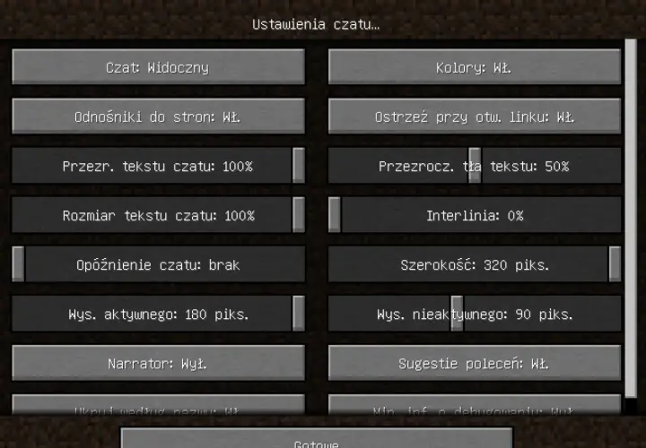 Ustawienia czatu w Minecraft. Aby wyłączyć narratora, znajdź opcję "Narrator: Wył." i kliknij.