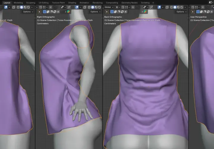 A 3D model of a purple dress on a mannequin, showing the flowing fabric and subtle side seams.