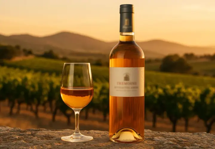 Verre et bouteille de Rivesaltes rosé sur un muret, avec des vignes et des collines au coucher du soleil.