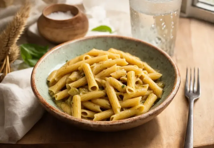 Penne z sosem pesto, idealnie ugotowane makaron aldente, podane w misce z widelcem i szklanką wody.
