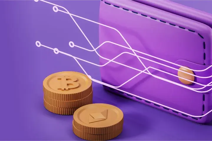 Fioletowy portfel z monetami Bitcoin i Ethereum, symbolizujący cyfrowe finanse. Skrill co to? To miejsce, gdzie Twoje kryptowaluty są bezpieczne.