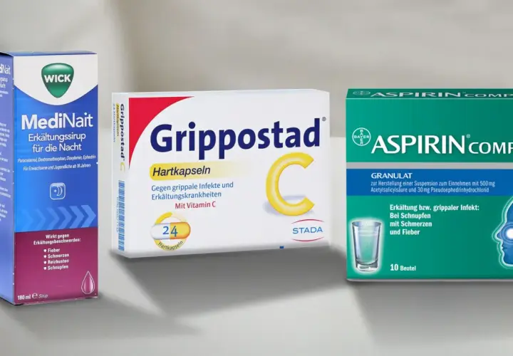 Drei Packungen Medikamente gegen Erkältung: MediNait, Grippostad C und Aspirin Complex.