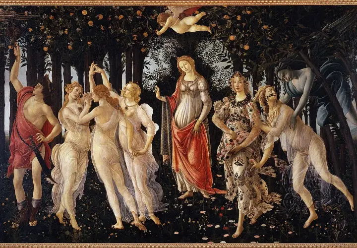 Botticelli's "Primavera" zeigt mythologische Figuren in einem blühenden Garten. Zephyrus jagt Chloris, die sich in Flora verwandelt.