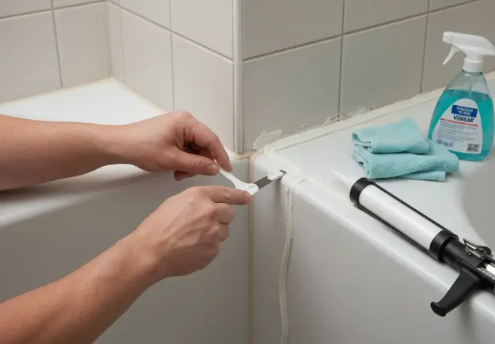 Ręce wygładzają świeży silikon wokół wanny, pokazując, jak silikonować wannę. Obok pistolet z silikonem i płyn do czyszczenia.