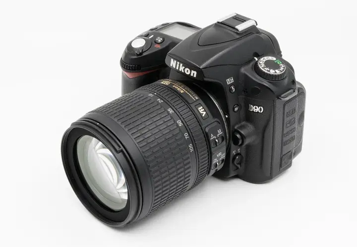 Nikon D90 z obiektywem 18-105mm VR. Aparat cyfrowy z licznymi funkcjami, idealny do nauki fotografii.