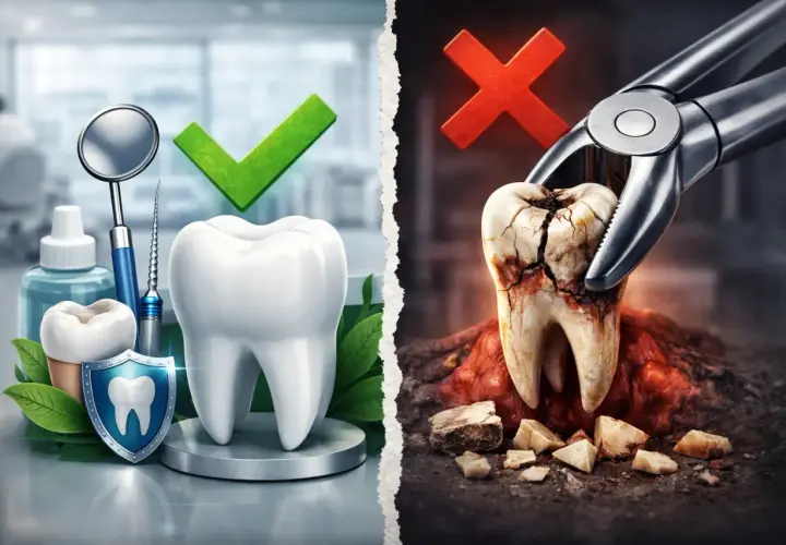 Zdrowy ząb obok narzędzi dentystycznych i zepsuty ząb w kleszczach. Dbaj o zęby, by uniknąć bardzo zepsutych zębów.