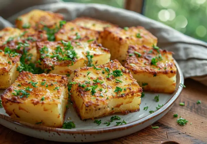 Carrés de pommes de terre croustillants, parfaits pour une recette feuille de brick revisitée. Garnis de persil frais.