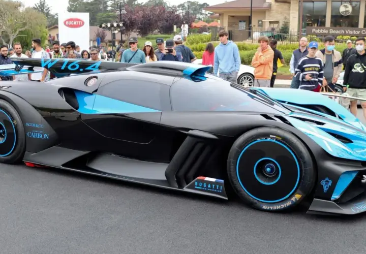 Schwarzer Bugatti Bolide mit blauen Akzenten, ein Blickfang für jeden Autoliebhaber. Der Bugatti Bolide Preis ist astronomisch, aber die Ingenieurskunst ist unbezahlbar.