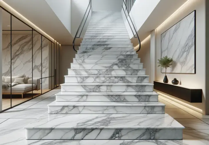Una maestosa scala in gres porcellanato, con gradini bianchi e venature grigie, conduce verso l'alto. A sinistra, un salotto moderno separato da vetrate.