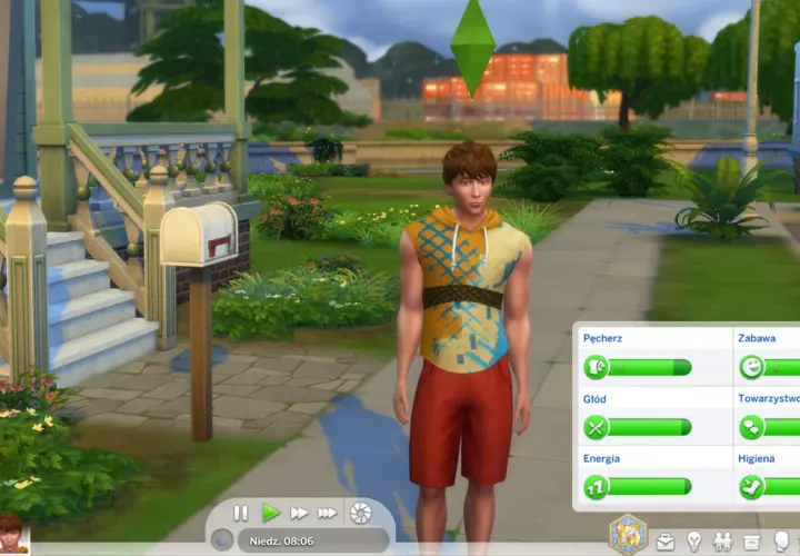 Młody Sim w kolorowej koszulce i czerwonych spodenkach stoi przed domem. Wskaźniki potrzeb pokazują, że jest głodny i potrzebuje zabawy. To kod na potrzeby The Sims 4.