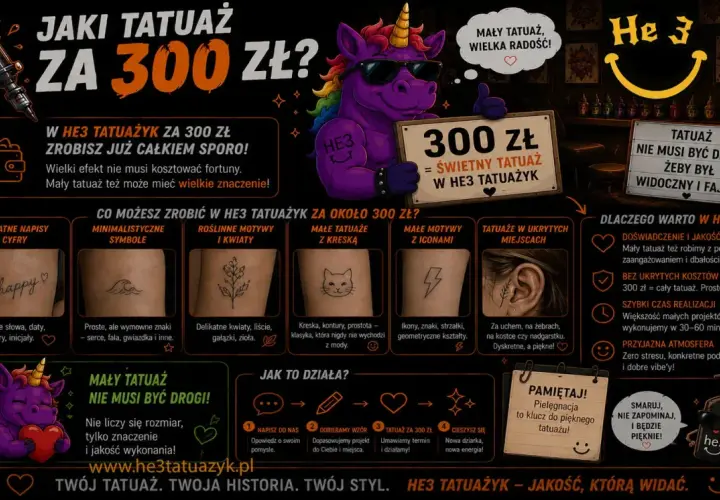 Fajny tatuaż za 300 zł w HE3 Tatuażyk! Mały tatuaż, wielka radość, świetny tatuaż, który jest widoczny i fajny.