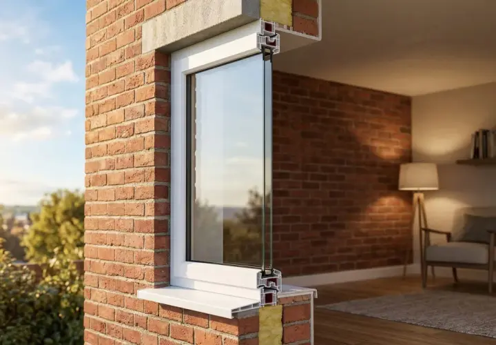 Corte de ventana con vidrio doble bajo emisivo, mostrando aislamiento y el interior de una habitación acogedora.