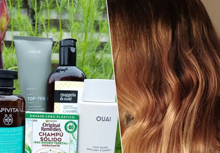 Variedad de champús y tratamientos capilares, incluyendo champú sólido y brillo para el cabello, ideales para un cuidado sin siliconas.