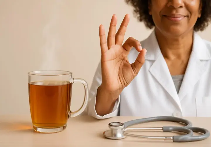 Medico con gesto OK, tazza di tisana per andare in bagno fai da te fumante e stetoscopio.