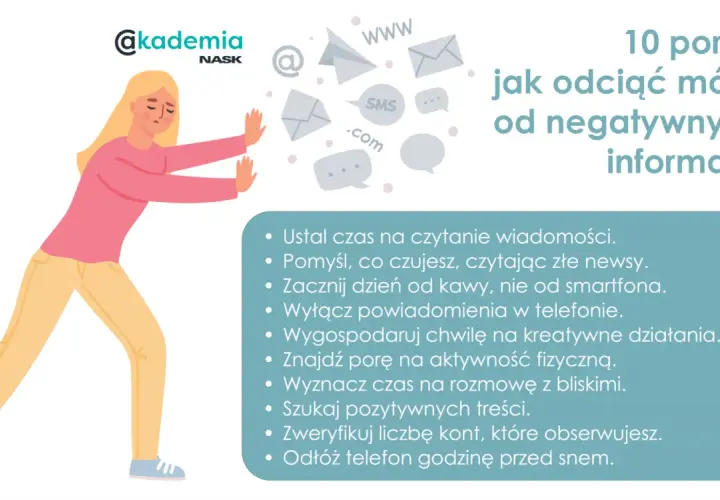 Kobieta walczy z natłokiem negatywnych informacji, próbując przerwać doomscrolling. Porady jak odciąć mózg od złych newsów.