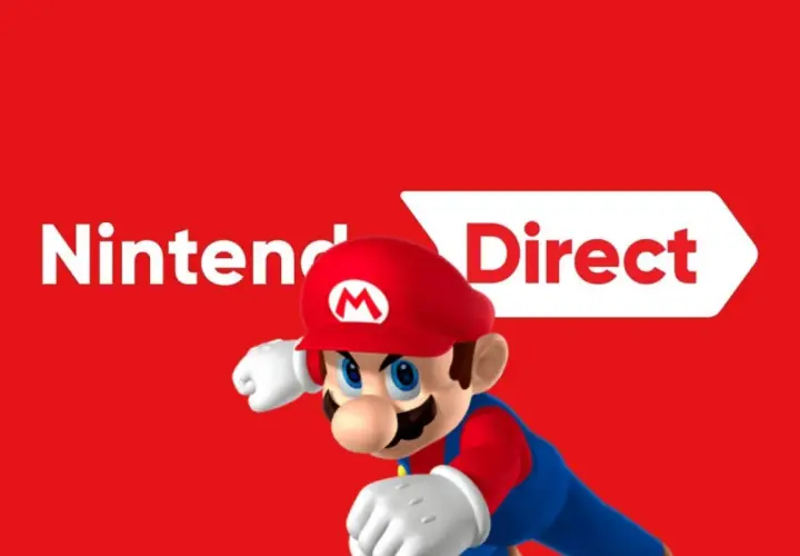 Mario gotowy na nowy Nintendo Direct! Czerwone tło z białym napisem i ikonicznym hydraulikiem.
