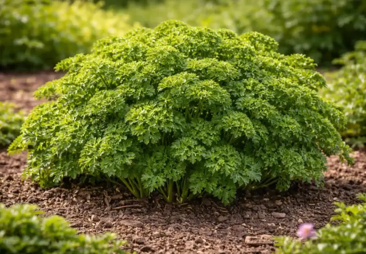 Un folto cespuglio di **pianta prezzemolo** riccio, rigoglioso e verde brillante, cresce su un terreno scuro e terroso.